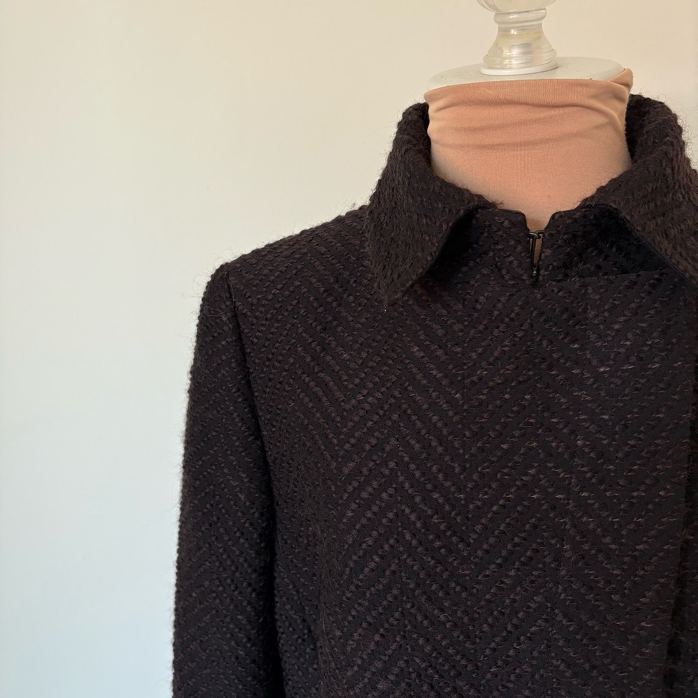 Akris Wool Blend Herringbone Woven Brown Hidden Button Placket Jacket Size US 12 - Picture 8 of 13